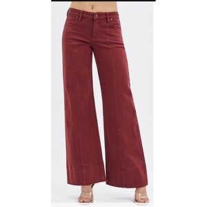 New Freckled Poppy X RISEN LOS ANGELES Wide Leg Jeans Pants Size 1XL Wine Red